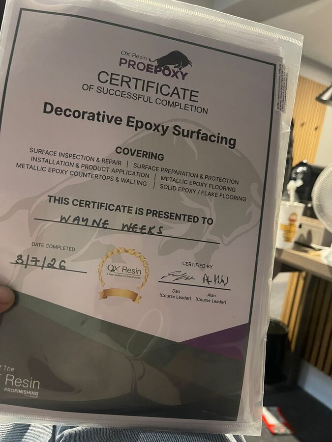 Certificate: Decorative Epoxy Surfacing, awarded to Wayne Weeks