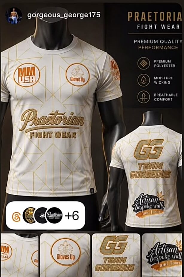 Gorgeous George fight shirt carrying the Artisan Bespoke Walls and Floors logo